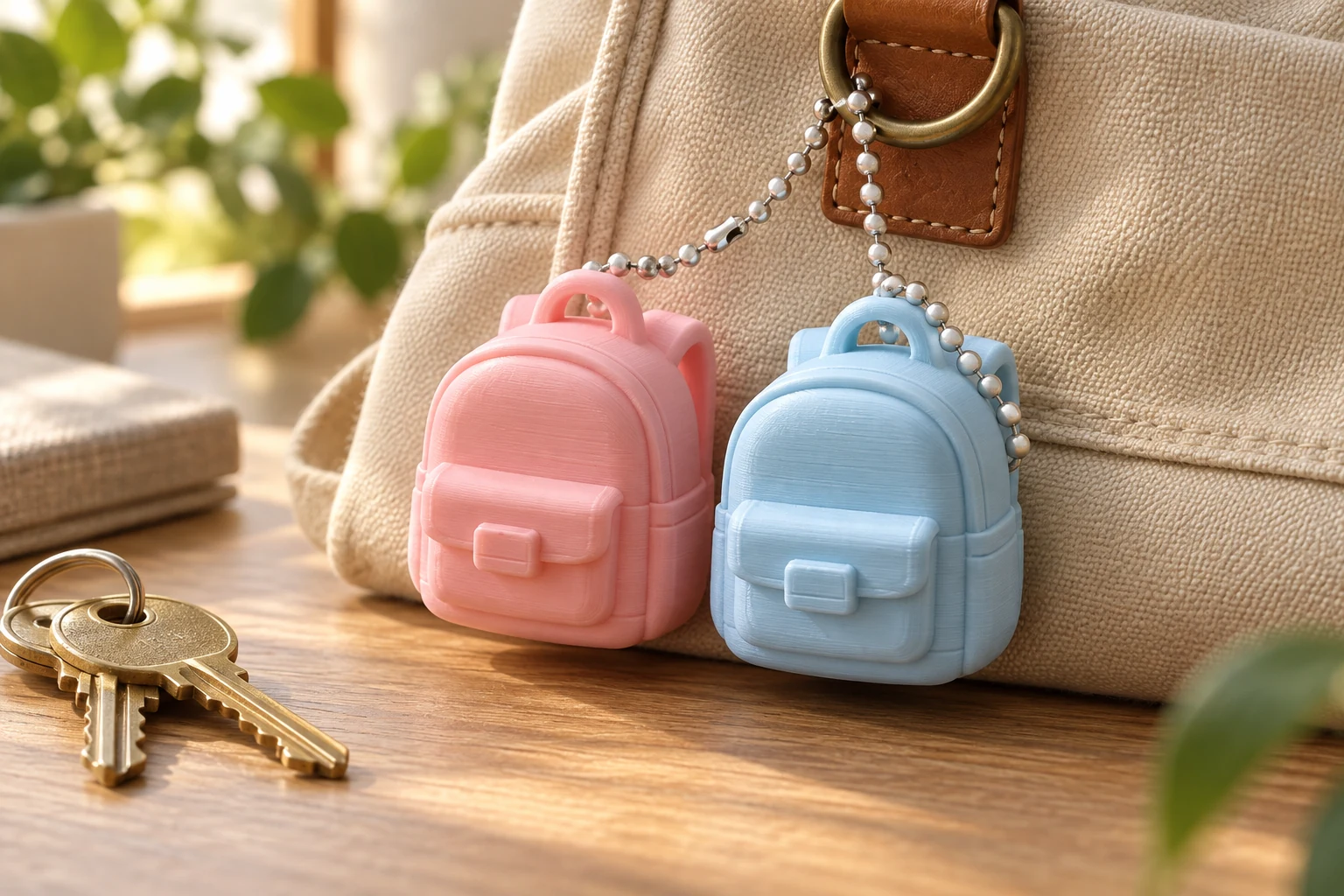 Mini Mochila rosa e azul presas a uma bolsa, em cena ilustrativa